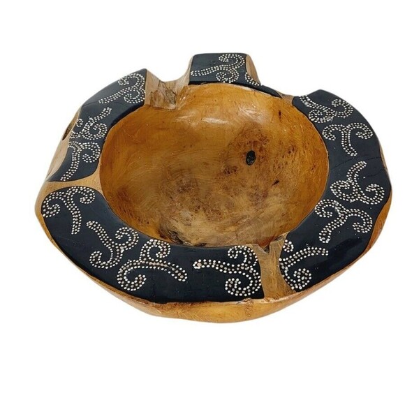 Vintage Natural Polished Teak Root Rustic Bowl Raw Chunky Painted Rim 11.5" - Picture 3 of 14